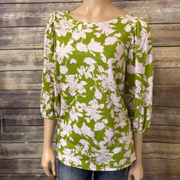 Soft Surroundings Ashley‎ Linen Blend Tunic Top Medium Petite Floral Green Pink - Picture 2 of 5